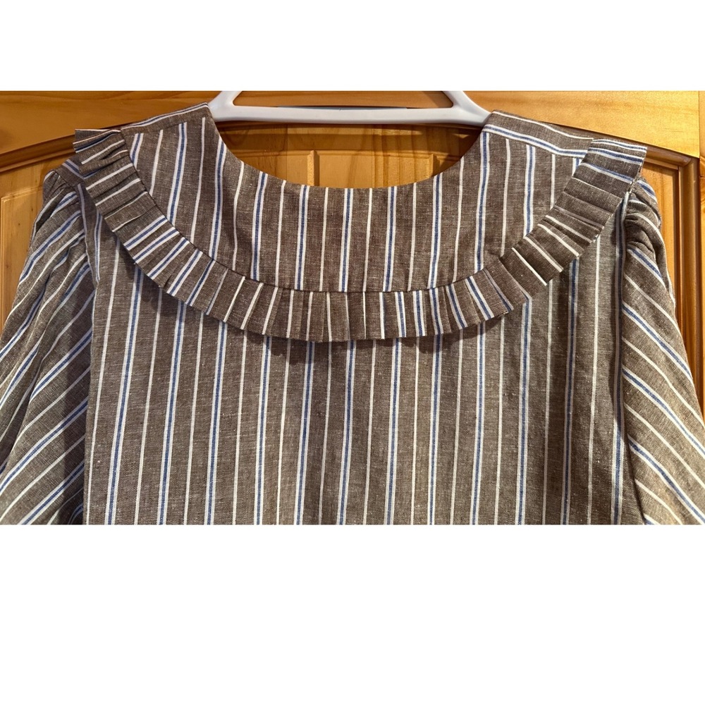 Tuckernuck Dove Stripe Linen Bethany Blouse Brown Blue Wrap Top Size L NWT - Picture 7 of 7